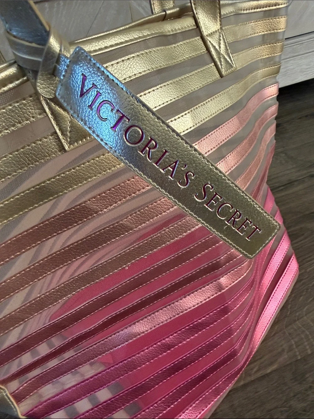 Victoria's Secret Gold to Pink Ombre Striped Tote/Beach Bag